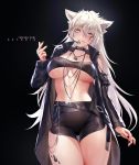  1girl animal_ears arknights azto_dio bandeau bangs belt black_jacket black_nails black_shorts breasts cowboy_shot cross cross_necklace eyebrows_visible_through_hair grey_eyes hair_between_eyes hand_up headset highres jacket jewelry lappland_(arknights) long_hair long_sleeves looking_at_viewer midriff navel necklace oripathy_lesion_(arknights) parted_lips scar scar_across_eye shorts sidelocks silver_hair smile solo stomach thighs wolf_ears 