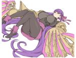  1girl ass bangs black_legwear blush breasts claws fate/extra fate/extra_ccc fate_(series) hair_ribbon highres hoosaku huge_breasts legs long_hair lying on_back pantyhose passionlip pink_ribbon pink_skirt purple_hair purple_ribbon ribbon simple_background skirt white_background 