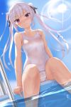  1girl bangs bare_shoulders blue_sky blush breasts covered_navel eto highres long_hair one-piece_swimsuit original pool poolside silver_hair sitting sky small_breasts soaking_feet solo swimsuit twintails violet_eyes white_swimsuit 