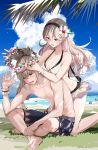  1boy 1girl beach bikini bikini_skirt blonde_hair blue_sky blush corrin_(fire_emblem) corrin_(fire_emblem)_(female) feet fire_emblem fire_emblem_fates fire_emblem_heroes flower flower_necklace grass hair_flower hair_ornament hibiscus highres intelligent_systems jewelry long_hair looking_at_another misu_kasumi necklace nintendo ocean sitting sky smile summer super_smash_bros. swimsuit takumi_(fire_emblem) white_bikini 