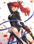  1girl black_legwear black_leotard blush boots commentary commentary_request gloves highres leotard long_hair looking_at_viewer persona persona_5 persona_5_the_royal petals ponytail red_eyes red_gloves redhead shiny shiny_hair shirotoge solo standing thigh-highs thigh_boots yoshizawa_kasumi 