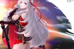  1girl algerie_(azur_lane) artist_request ass azur_lane bare_shoulders breasts cape drill_hair eyebrows_visible_through_hair gauntlets highres holding large_breasts long_hair looking_at_viewer looking_to_the_side mace pleated_skirt red_skirt sideboob silver_hair skirt solo twin_drills very_long_hair violet_eyes weapon 