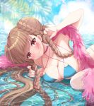  1girl alternate_costume aqua_bikini azur_lane bikini blush braid braided_bun choker criss-cross_halter double_bun eyebrows_visible_through_hair formidable_(azur_lane) formidable_(the_lady_of_the_beach)_(azur_lane) halterneck hand_in_hair long_hair looking_at_viewer multi-strapped_bikini partially_submerged pink_choker platinum_blonde_hair sakura_(ichisakupink) skindentation smile solo swimsuit very_long_hair 