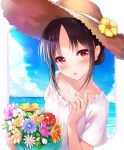  1girl bangs black_hair blue_sky blush bouquet clouds cloudy_sky collarbone commentary_request day dress eyebrows_visible_through_hair flower folded_ponytail hair_ribbon hand_up hat hat_flower hibiscus holding holding_bouquet kaguya-sama_wa_kokurasetai_~tensai-tachi_no_renai_zunousen~ looking_at_viewer ocean open_mouth outdoors parted_bangs parted_lips pink_flower red_eyes red_flower red_ribbon revision ribbon shinomiya_kaguya short_hair short_sleeves sky solo straw_hat sun_hat tatenayua upper_body water white_dress white_flower yellow_flower 