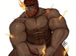  1boy abs bara beard chest facial_hair flaming_eye hephaestus_(tokyo_houkago_summoners) highres male_focus manly muscle nipples pectorals red_eyes ruslorc scar solo thick_eyebrows tokyo_houkago_summoners underwear underwear_only upper_body 