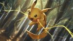  commentary_request day electricity forest gen_1_pokemon glowing highres nature no_humans open_mouth outdoors pikachu pokemon pokemon_(creature) smile solo supearibu tree 