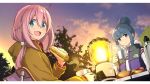  2girls bangs blue_hair blue_sky bowl brown_jacket chair clouds cloudy_sky coffee_mug commentary cup dutch_angle eyebrows_visible_through_hair food gradient_sky green_eyes hair_bun hair_ornament hair_scrunchie holding holding_cup holding_food hood hoodie jacket kagamihara_nadeshiko lamp logo long_hair long_sleeves looking_at_viewer looking_back mirai_denki mug multiple_girls orange_sky outdoors pink_hair purple_jacket sandwich scrunchie shima_rin shirt short_hair sidelocks sitting sky sleeveless sleeveless_jacket steam the_north_face thermometer tree twilight violet_eyes white_scrunchie white_shirt yurucamp 