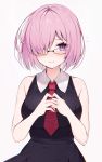  1girl bare_shoulders blush cowboy_shot fate/grand_order fate_(series) glasses hair_over_one_eye highres looking_at_viewer mash_kyrielight muryotaro necktie purple_hair red_neckwear short_hair smile solo violet_eyes white_background 