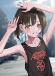  1girl absurdres anthrax_(band) bare_shoulders black_hair black_shirt blurry blurry_background blush brown_eyes depth_of_field fingernails hair_ornament hairclip hands_up highres looking_at_viewer merchandise nadegata pentacle photo_background shirt sleeveless sleeveless_shirt smile solo 