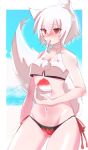  animal_ears ass_visible_through_thighs beach bikini blush breasts clouds eyebrows_visible_through_hair food highres holding holding_food inubashiri_momiji mouth_hold navel no_hat no_headwear ocean pom_pom_(clothes) red_eyes shaved_ice side-tie_bikini sky small_breasts spoon spoon_in_mouth sweat swimsuit tail touhou tsukihin white_hair white_tail wolf_ears wolf_girl wolf_tail 