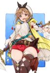  1girl atelier_(series) atelier_ryza belt belt_pouch boots bow bracelet breasts brown_eyes brown_hair eyebrows_visible_through_hair gloves hair_bow hair_ornament hairclip hat highres jewelry looking_at_viewer medium_breasts navel potion pouch reisalin_stout short_shorts shorts sidelocks simple_background smile staff thigh-highs thigh_boots thigh_pouch thighhighs_under_boots yamaguchi_satoshi 
