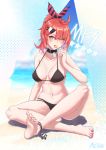  1girl absurdres bare_shoulders beach bikini breasts candy collar collarbone crossed_legs fagun_yibei food girls_frontline high_ponytail highres lollipop medium_breasts medium_hair mp7_(girls_frontline) navel ocean red_nails redhead solo swimsuit yellow_eyes 
