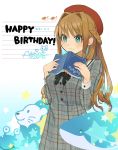  1girl book braid brown_hair dated frog green_eyes happy_birthday hat hino_akane_(idolmaster) holding holding_book idolmaster idolmaster_cinderella_girls lion long_hair nopipipipi orca plaid plaid_skirt red_headwear skirt solo 