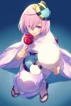  1girl bangs blush breasts candy_apple cis05 cotton_candy fate/grand_order fate_(series) food hair_over_one_eye japanese_clothes kimono lavender_hair long_sleeves looking_at_viewer mash_kyrielight mask mask_on_head sandals short_hair tongue tongue_out violet_eyes white_kimono wide_sleeves 