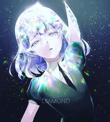  1other akamahura amputee androgynous broken colored_eyelashes crack crystal_hair damaged diamond_(houseki_no_kuni) gem_uniform_(houseki_no_kuni) grey_eyes highres houseki_no_kuni medium_hair missing_limb open_mouth white_hair 