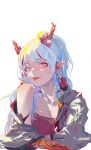  1girl arknights braid dm_(dai_miao) dragon_horns earrings highres horns jacket jewelry looking_at_viewer nian_(arknights) pale_skin pink_eyes pointy_ears ponytail sharp_teeth solo strapless teeth tongue tongue_out tubetop white_hair white_jacket 