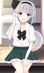  1girl absurdres bangs black_hairband black_neckwear blush breasts buttons collarbone collared_shirt eyebrows_visible_through_hair eyelashes feet_out_of_frame frilled_skirt frills green_eyes green_skirt hairband hand_on_thigh highres hitodama holding holding_towel konpaku_youmu konpaku_youmu_(ghost) looking_at_viewer medium_breasts miniskirt open_mouth pleated_skirt shirt short_hair short_sleeves shouji sitting skirt sliding_doors solo stigma1101 sweat sweatdrop touhou towel upper_body vest_removed white_shirt wing_collar wiping_face wooden_floor 