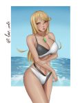  1girl bangs bikini black_bikini blonde_hair breasts chest_jewel cowboy_shot highres mythra_(xenoblade) lao_arts large_breasts lips long_hair solo strap_gap swept_bangs swimsuit water white_bikini xenoblade_(series) xenoblade_2 yellow_eyes 