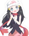  1girl :d aqua_eyes azu_(jwjp2452) beanie black_hair black_shirt bracelet bright_pupils commentary_request hair_ornament hairclip hands_up hat highres hikari_(pokemon) jewelry long_hair looking_at_viewer open_mouth own_hands_together pink_skirt poke_ball_print pokemon pokemon_(game) pokemon_dppt red_scarf scarf shirt skirt sleeveless sleeveless_shirt smile solo white_background white_headwear white_pupils 
