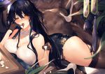  1girl absurdres ass azuma_(azur_lane) azur_lane bangs bare_shoulders black_gloves black_hair black_legwear blush breasts brown_eyes cup dress drunk eyebrows_visible_through_hair flower garter_belt gloves hair_between_eyes hair_flower hair_ornament hairclip highres holding holding_cup iiiroha large_breasts long_hair looking_at_viewer lying on_stomach pouring saliva saliva_trail shoe_dangle solo thigh-highs very_long_hair 