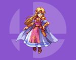  1girl blue_eyes dani_oliver dress english_commentary hand_on_hip holding holding_clothes holding_dress logo looking_to_the_side lowres pixel_art pointy_ears princess_zelda solo super_smash_bros. the_legend_of_zelda yellow_eyes 