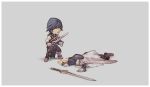  2boys black_eyes blue_hair chrom_(fire_emblem) chrom_(fire_emblem)_(cosplay) cosplay falchion_(fire_emblem) fire_emblem fire_emblem_awakening gloves grey_gloves highres holding holding_sword holding_weapon lying mii_(nintendo) multiple_boys nin_nakajima on_ground on_stomach super_smash_bros. sword v-shaped_eyebrows weapon 