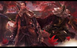  1boy 1girl architecture arms_at_sides battle black_eyes black_hair bleeding blood blood_spray closed_mouth commentary corrupted_monk cowboy_shot death dusk east_asian_architecture falling_leaves gauntlets hakama haori highres holding holding_sword holding_weapon injury japanese_clothes katana leaf long_sleeves maple_leaf mask mechanical_arm mono_(jdaj) multicolored_hair ninja oni_mask open_hand outdoors ponytail prosthesis prosthetic_arm purple_hakama scabbard scarf sekiro sekiro:_shadows_die_twice sheath sheathed short_hair short_ponytail streaked_hair sword tree weapon white_scarf wide_sleeves 