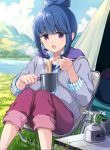  1girl bangs blue_hair blue_sky blurry blurry_background chair clouds cloudy_sky collared_shirt commentary cup day depth_of_field eating eyebrows_visible_through_hair food fork green_shirt grey_jacket holding holding_cup holding_fork jacket long_sleeves looking_at_viewer mirai_denki noodles open_clothes open_jacket open_mouth outdoors pants pants_rolled_up propane_tank purple_pants ramen shima_rin shirt short_hair sidelocks sitting sky solo steam striped striped_shirt tent vertical_stripes violet_eyes yurucamp 