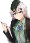  1girl absurdres black_jacket blazer bow bowtie eyebrows_visible_through_hair girls_frontline green_jacket green_shirt grey_eyes hat highres huge_filesize jacket jewelry long_hair looking_at_viewer military military_hat military_jacket military_uniform muteppona_hito notebook ring shirt silver_hair solo svd_(girls_frontline) uniform white_background 