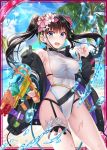  1girl ass_visible_through_thighs bangs beach black_jacket black_ribbon blue_eyes blue_sky blush breasts brown_hair card_(medium) casual_one-piece_swimsuit clothing_request clouds cloudy_sky collarbone competition_swimsuit covered_navel cowboy_shot day eyebrows_visible_through_hair flower green_jacket groin gun hair_flower hair_ornament hakuda_tofu hand_up highleg highleg_swimsuit holding jacket large_breasts lens_flare long_hair long_sleeves looking_at_viewer multicolored multicolored_clothes multicolored_jacket ocean off_shoulder official_art one-piece_swimsuit open_clothes open_jacket open_mouth outdoors palm_tree pink_flower purple_jacket rainbow red_flower ribbon shinkai_no_valkyrie single_bare_shoulder skindentation sky solo sunlight sweat swimsuit thigh_strap tree twintails water water_drop water_gun weapon white_swimsuit 