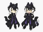  1boy animal_ears belt belt_buckle black_coat black_gloves black_hair black_legwear buckle buttons chibi claw_pose coat fangs full_body fur_trim gloves holostars jackal_ears jackal_tail jacket kageyama_shien long_sleeves looking_at_viewer male_focus multicolored_hair multiple_views namakawa necktie open_mouth pants short_hair simple_background streaked_hair symbol_commentary tail tail_wagging v-shaped_eyebrows virtual_youtuber white_hair white_neckwear yellow_eyes 