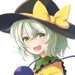  1girl :d black_headwear blush bow collared_shirt eyebrows_visible_through_hair frills from_side green_eyes green_hair hat komeiji_koishi looking_at_viewer looking_to_the_side open_mouth portrait raised_eyebrows shirt short_hair simple_background smile solo third_eye touhou uetaku wavy_hair white_background yellow_bow yellow_shirt 
