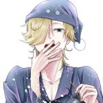  1boy agravity_boys blonde_hair blue_eyes blue_headwear eyewear_removed geralt_zeman hair_over_one_eye hand_up hat male_focus nightcap pajamas solo upper_body white_background yawning yuiyui-sougo 