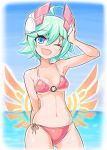  1girl ahoge azure_striker_gunvolt blue_eyes blue_sky breasts cougar1404 green_hair headgear looking_at_viewer ocean open_mouth roro_(gunvolt) short_hair sky smile solo swimsuit 