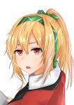  1girl absurdres blonde_hair breasts eyebrows_visible_through_hair girls_frontline green_ribbon hair_between_eyes hair_ribbon hairband highres huge_filesize jacket long_hair looking_at_viewer muteppona_hito open_mouth ponytail red_eyes red_jacket ribbon solo_focus sv-98_(girls_frontline) white_background 