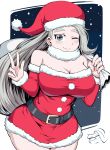  1girl belt black_belt blush breasts closed_mouth commentary_request cowboy_shot fur_trim green_eyes grey_hair hat highres holding holding_sack large_breasts long_hair looking_at_viewer melon_(pokemon) one_eye_closed over_shoulder pokemon pokemon_(game) pokemon_swsh pose red_headwear sack santa_costume santa_hat shimure_(460) smile w 