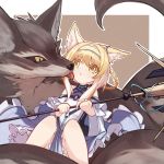  1girl absurdres animal_ear_fluff animal_ears arknights blonde_hair braid dress fox fox_ears green_hairband hairband highres holding holding_staff huge_filesize looking_at_another mmhomm short_hair solo staff suzuran_(arknights) yellow_eyes 