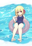  1girl afloat bangs bare_arms bare_legs barefoot blonde_hair blush closed_mouth eyebrows_visible_through_hair feet full_body hair_ribbon highres hino_(yuruyurukoubou) innertube knees_together_feet_apart looking_at_viewer old_school_swimsuit red_eyes red_ribbon ribbon rumia school_swimsuit short_hair solo swimsuit touhou water 