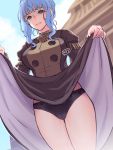  1girl black_panties blue_hair blue_sky brown_eyes day fire_emblem fire_emblem:_three_houses garreg_mach_monastery_uniform gesugao lifted_by_self long_sleeves marianne_von_edmund panties parted_lips sky solo tanakananataka3 underwear uniform 