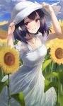  1girl absurdres bare_shoulders blue_hair blue_sky breasts dress field flower flower_field hat highres hotate-chan idolmaster idolmaster_shiny_colors looking_at_viewer morino_rinze red_eyes short_hair sky small_breasts smile sun_hat sunflower white_dress 