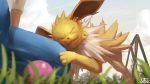  closed_eyes closed_mouth clouds commentary_request day from_below gen_1_pokemon grass highres jolteon outdoors pokemon pokemon_(creature) sky supearibu swing_set watermark 