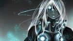  1girl absurdres black_jacket blue_eyes breasts closed_mouth collarbone cyborg glowing glowing_eye gradient gradient_background grey_skin hair_over_one_eye highres jacket long_hair open_clothes open_jacket original science_fiction shaded_face shobu_minaka solo white_hair 