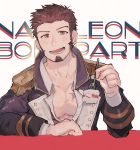  1boy absurdres beard blue_eyes blush brown_hair cake chest collar epaulettes facial_hair fate/grand_order fate_(series) food fringe_trim goatee happy_birthday hideo_(yata_shoshinsha) highres jacket long_sleeves male_focus military military_uniform muscle napoleon_bonaparte_(fate/grand_order) open_clothes open_jacket open_shirt pectorals scar sideburns smile solo unbuttoned uniform 