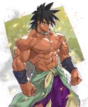  1boy abs bara black_eyes black_hair broly broly_(dragon_ball_super) chest dragon_ball dragon_ball_super_broly looking_at_viewer male_focus muscle nikism nipples pectorals scar shirtless solo spiky_hair thighs upper_body wristband 