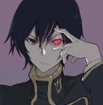  1boy black_jacket code_geass geass hand_over_eye jacket lelouch_lamperouge long_sleeves looking_at_viewer male_focus parted_lips purple_background purple_hair shirabi solo upper_body violet_eyes 