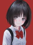  1girl absurdres backpack bag black_eyes black_hair blush bob_cut bow bowtie closed_mouth collared_shirt grey_eyes highres looking_at_viewer nadegata no_nose original red_background red_neckwear school_uniform shirt simple_background smile solo upper_body white_shirt wing_collar 
