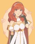  bangs bare_shoulders black_gloves breastplate cape celica_(fire_emblem) dress earrings fingerless_gloves fire_emblem fire_emblem_echoes:_shadows_of_valentia gloves hairband hand_up highres jewelry jivke long_hair red_eyes redhead sidelocks upper_body white_dress yellow_background 