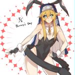  1boy animal_ears aqua_eyes black_gloves blonde_hair blush bridget_(guilty_gear) bunny_day bunnysuit closed_mouth covered_navel cuffs eyebrows_visible_through_hair eyes_visible_through_hair fake_animal_ears fingernails gloves guilty_gear hand_on_hip highres long_hair male_focus neck_ribbon otoko_no_ko rabbit_ears ribbon roas01b solo yellow_ribbon 