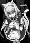  1girl animal_ears apron bangs bell blue_eyes bow breasts cat_ears cat_tail character_name ebiblue eyebrows_visible_through_hair gesugao greyscale grin long_hair looking_at_viewer monochrome nekopara puffy_short_sleeves puffy_sleeves ribbon shaded_face short_sleeves slit_pupils small_breasts smile solo spot_color tail thigh-highs twintails vanilla_(nekopara) very_long_hair waitress 