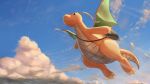  bag closed_mouth clouds commentary_request day dragonite flying gen_1_pokemon green_eyes highres no_humans outdoors pokemon pokemon_(creature) shoulder_bag sky smile solo supearibu 